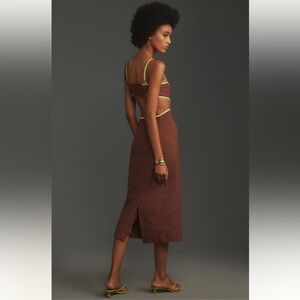 Maeve Anthropologie Dafni Cutout Linen Midi Dress Brown/Lime Green L